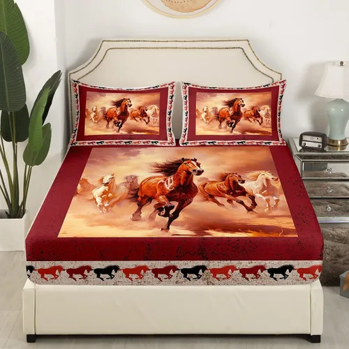Vista 3 de Manfei Sábana bajera ajustable de caballo al galope, tamaño individual, funda de cama con temática de animales con 1 funda de almohada, juego