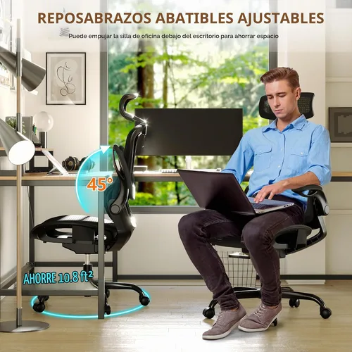 Vista 4 de GABRYLLY Silla de oficina ergonómica de malla, silla de escritorio ajustable para el hogar con reposabrazos plegable, reposacabezas 2D, asiento Negro