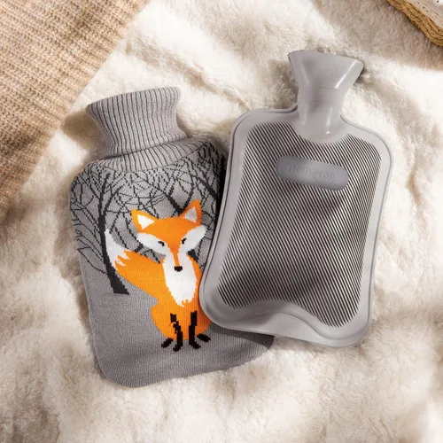 Vista 4 de Bolsa de agua caliente clásica premium de hule de HomeTop con linda funda tejida con diseño de zorro