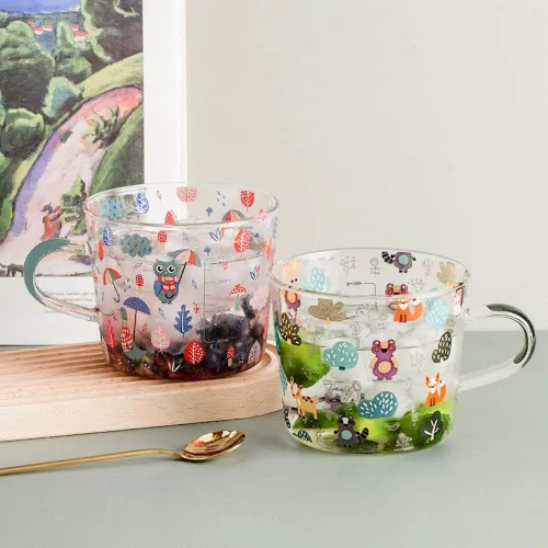 Vista 5 de JHTPSLR Taza de vidrio transparente con asas para fiesta del bosque, 17 onzas, bonita, taza de vidrio con osos, zorro, búho, ardilla, alce, hongos