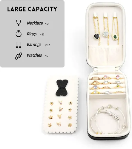 Vista 3 de SANQIANWAN Pequeña caja organizadora de viaje de joyería con estuche portátil de piel sintética para collares, anillos, aretes, diseño de borlas