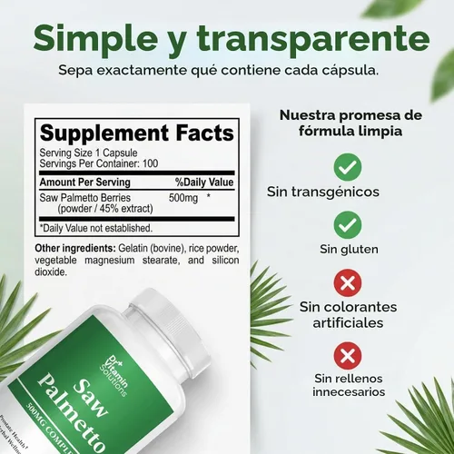 Vista 2 de Saw Palmetto para hombres 500 mg Suplemento de próstata, extracto del 45%