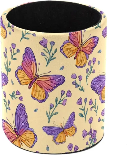 Vista 8 de Taza de PVC para escritorio, taza de lápiz rosa con mariposas para organizador de bolígrafos de escritorio, soporte para brochas de maquillaje
