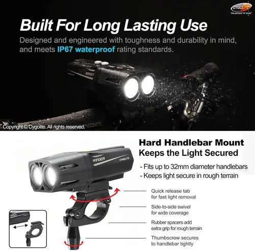 Vista 7 de Cygolite Ranger 2000, 1800, 1500 Lumen Endurance Bike Lights - Ultra High Run Time, 9 Light Modes, Fine Tuneable Brightness, IP67 Waterproof, USB