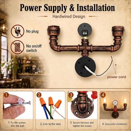 Vista 5 de MQ Lámpara de pared de tubería de agua, accesorios Steampunk, 2 luces, montaje en pared, enchufe E26, lámpara de pared rústica vintage para baño