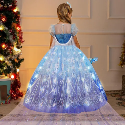 Vista 6 de CIYTI Disfraz de Halloween iluminado para niñas, vestido de princesa de nieve, disfraz de Navidad de hielo con accesorios, azul