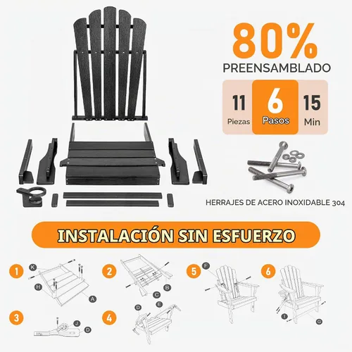 Vista 8 de Silla Adirondack plegable de gran tamaño, silla para hogueras de HDPE Negro