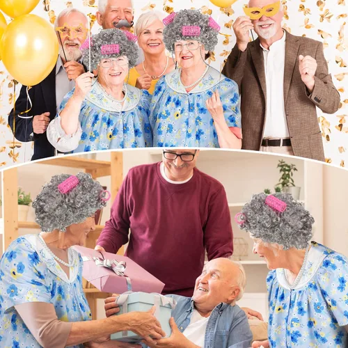 Vista 7 de Jiuguva 7 piezas de disfraz de anciana para mujeres y niños, túnica de manga corta para abuelita, peluca de anciana, peluca plegable con muleta
