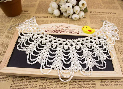 Vista 7 de Vpang Detachable Blouse Fake Collar Elegant Pearl Beaded False Collar Choker Peter Pan Necklace