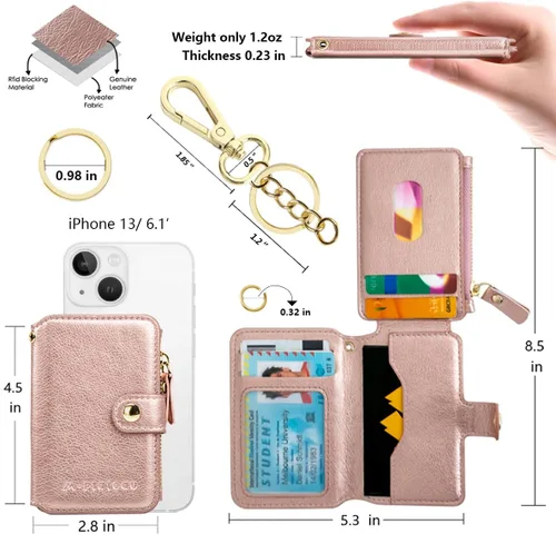 Vista 4 de Penekin Cartera con llavero con ventana de identificación, tarjetero de cuero con cremallera para mujer, Rosado, Multifunción