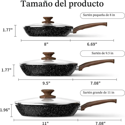 Vista 8 de Juego de sartén – 3 sartenes antiadherentes con tapas, sin PFOA, compatible con inducción, color negro