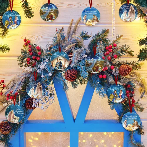 Vista 4 de Karenhi 6 piezas de adornos navideños de escena del nacimiento de Jesús, regalos religiosos, adorno navideño colgante de cerámica, escena