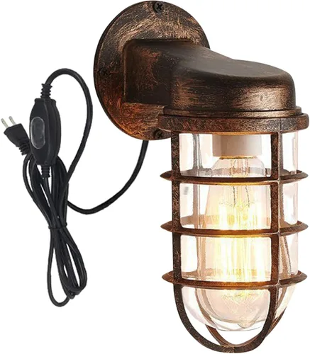 Vista 10 de Kiven Luz de jaula impermeable para exteriores e interiores, luz de linterna de montaje en pared, luz de porche industrial con cable de enchufe