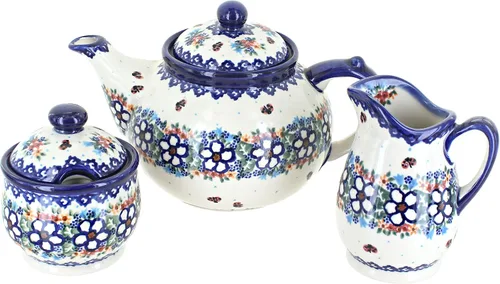 Vista 4 de Cerámica polaca de rosa azul, juego de té de 3 piezas de flor de manzana, tetera de 4 tazas, cerámica polaca pintada a mano, servicio de café y té