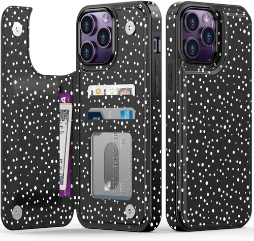 Vista 222 de LETO para iPhone 15 Pro Funda tipo cartera - Tapa tipo folio con patada - Diseños de moda - Tarjetero - Funda protectora para mujeres y niñas - 6.1
