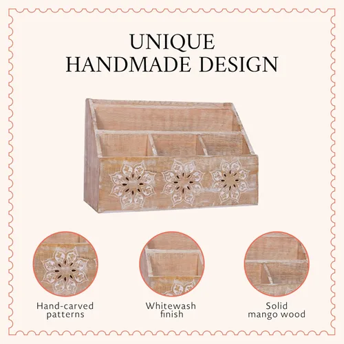 Vista 8 de Mela Artisans Serena - Organizador de escritorio de madera blanqueada de 13 x 8.5 pulgadas, soporte de correo de madera de mango con 5