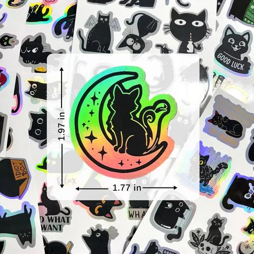 Vista 5 de 110 calcomanías holográficas de gato negro, divertidas y lindas calcomanías de vinilo de gato vacío, calcomanías impermeables con brillo de arcoíris