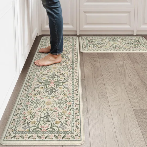 Vista 13 de Collive Tapete Anti Fatiga para Piso de Cocina, Tapetes de Cocina con Diseño Floral Primaveral para Piso Juego de 2, Alfombras para Fregadero Beige