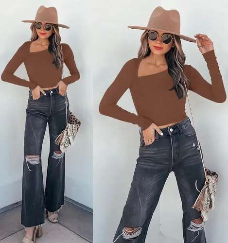 Vista 4 de REORIA Camiseta sexy de manga larga con cuello asimétrico para mujer, acanalada, ajustada, ajustada