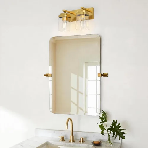 Vista 7 de Lámparas de baño de oro cepillado, 6 luces de baño sobre el espejo, diseño cuadrado y placa trasera grande rectangular, accesorios de iluminación