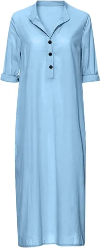 Vista 58 de Vestido de manga larga para mujer, casual, de algodón, lino, con botones, maxivestidos tipo caftán, blanco y azul