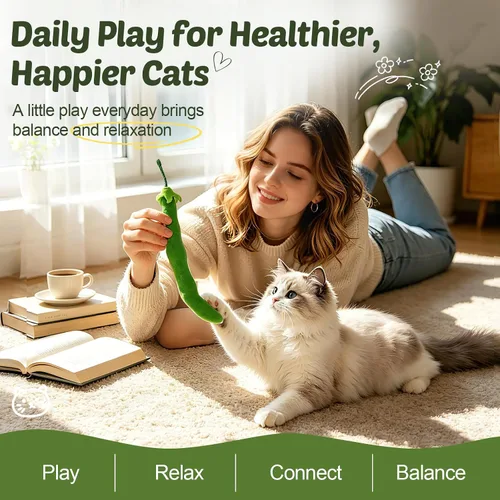 Vista 5 de CiyvoLyeen Juguete de hierba gatera, juguetes para gatos de frijoles verdes, suministros interactivos, pateador, verduras, vegano, salud dental
