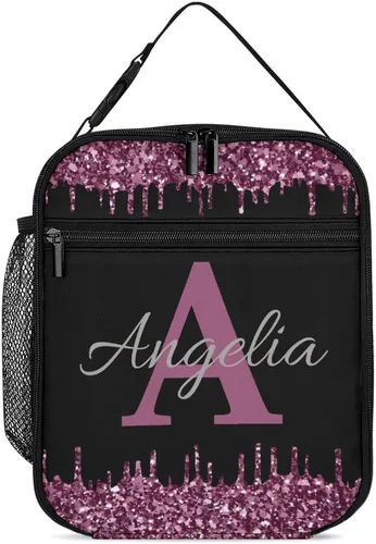 Vista 25 de Bolsa de almuerzo con nombre personalizado para hombres y mujeres, con monograma de purpurina azul, hielera, portátil, con nombre, para niñas