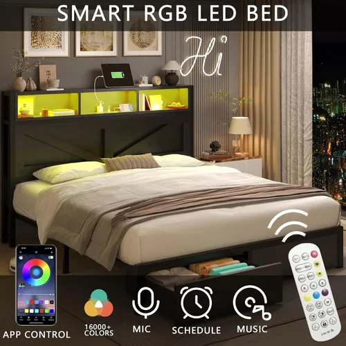 Vista 5 de Marco de cama matrimonial con cabecera y cajones de almacenamiento, color Luces LED y estación de carga, plataforma de metal, no necesita somier