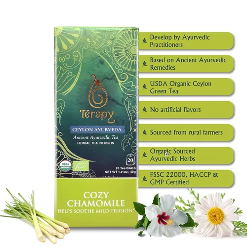 Vista 6 de Térapy Té de Manzanilla de Ceilán Bolsas de té de hierbas orgánicas USDA Ingredientes ayurvédicos 100% naturales incluyendo manzanilla orgánica