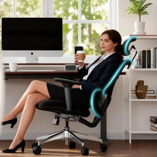 Vista 2 de Jacia House Silla ergonómica de malla negra para oficina en casa, silla de juegos grande y alta, soporte lumbar de alto ajuste, reposabrazos 4D