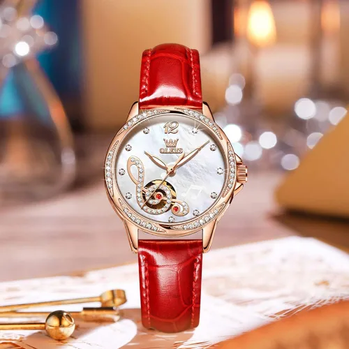 Vista 6 de OLEVS Reloj mecánico automático para mujer correa de cuero cuerda automática reloj de pulsera para mujer esfera de corazón de diamante impermeable