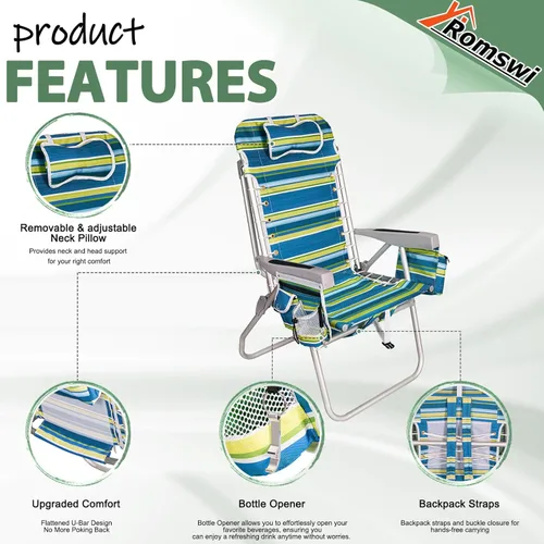 Vista 8 de Romswi Silla de playa alta extra ancha para adultos, mochila de asiento alto de 17 pulgadas con bolsa refrigeradora, soporte para taza y teléfono