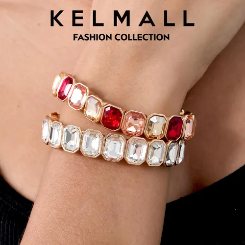 Vista 2 de KELMALL Trendy Crystal Exquisite Small Square Stretch Bracelet for Women, Party Proms Vibant Bling Rhinestone Elastic Bangle- Multi