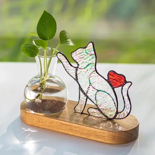 Vista 7 de Hewory Estaciones de propagación de gatos hechas a mano: maceta negra para gatos con soporte de madera para decoración de escritorio para amantes