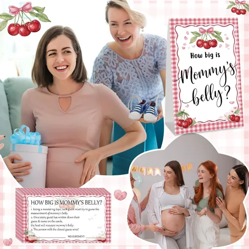 Vista 86 de Sabary 64 Piezas Juegos de Baby Shower Incluyen Letrero How Big is Mommy's Belly Sign Measure Bump Game 50 Tarjetas 10 Lápices 3 Cintas Métricas