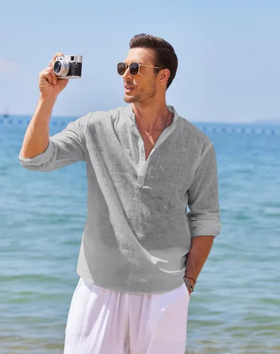 Vista 6 de COOFANDY Camiseta Henley de algodón y lino para hombre, de manga larga, estilo hippie, casual, playera
