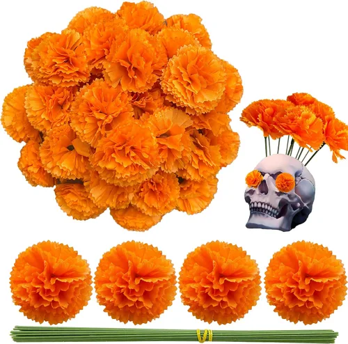 Vista 17 de Cabezas de flores de caléndula a granel, 50 unidades, flores artificiales de caléndula de seda para decoración del hogar, Diwali, corona