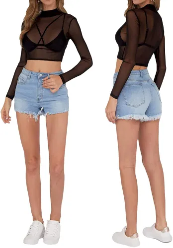 Vista 5 de MANGOPOP Women's Short Sleeve Long Sleeve Sheer Mesh Crop Tops Tee Shirt Blouse