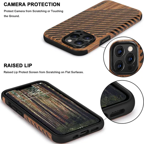 Vista 4 de TENDLIN Funda magnética para iPhone 13 Pro - Funda híbrida de TPU de cuero de grano de madera con compatibilidad MagSafe