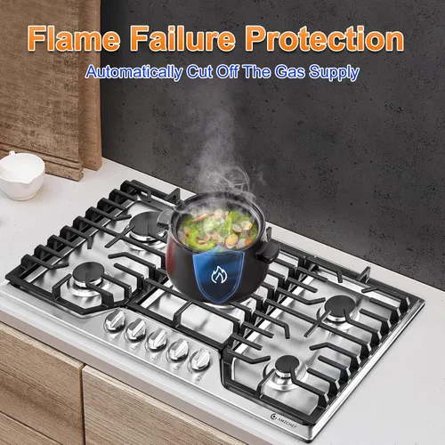 Vista 6 de AMZCHEF Placa de cocina de gas de 30 pulgadas con 5 quemadores SABAF fabricados en Italia. Máx. 48300 BTU/hr Estufa de gas incorporada de acero