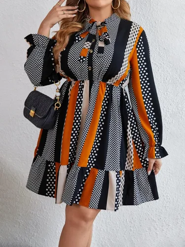 Vista 4 de MakeMeChic Vestido corto de manga larga a rayas con lunares y dobladillo con volantes para mujer, talla grande