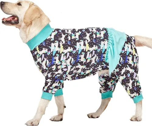 Vista 14 de LovinPet Pijamas Grandes para Perros – Camisa de unicornio para perro, mameluco de recuperación poscirugía, sirenas y unicornios estampado Azul