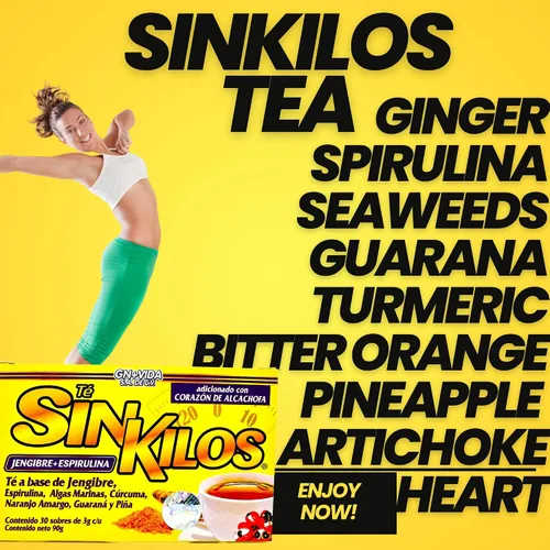 Vista 9 de SinKilos Detox Tea GN+Vida Potente té limpiador con jengibre, espirulina, cúrcuma naranja y piña fórmula antioxidante saludable, sin cafeína, todo