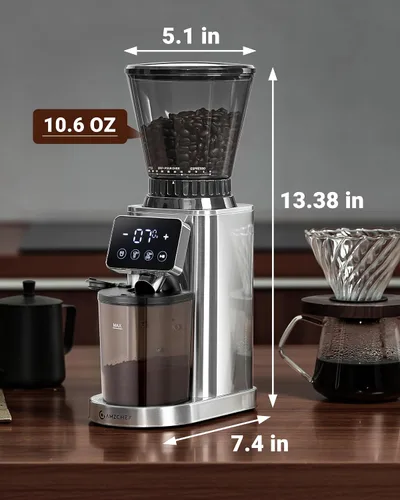 Vista 8 de AMZCHEF Molinillo de café, molinillo de granos de café para uso doméstico con molienda precisa, panel de control LED, soporte de embudo desmontable