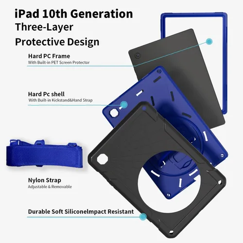 Vista 4 de Funda para Samsung Galaxy Tab A8 de 10.5 pulgadas 2022 con protector de pantalla giratorio 360º correa de mano y soporte, a prueba de caídas