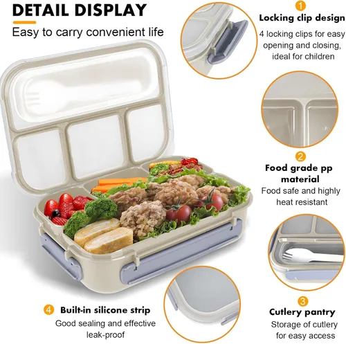 Vista 3 de Yumuk Caja Bento para Adultos, Contenedores de Almuerzo para Adultos Hombres Mujeres, 5 Tazas Bento con 4 Compartimentos y Spork y Caja de Salsa, A