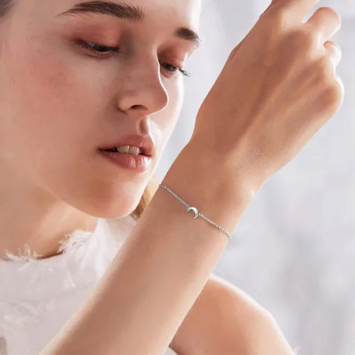 Vista 5 de ChicSilver - Pulsera delicada con cadena de eslabones de plata esterlina, personalizada con corazón, estrella, luna, punto o loto pequeños, plata