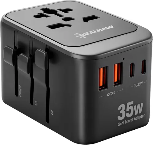 Vista 11 de Realmade Adaptador de viaje universal de 35 W con carga rápida PD, 5 puertos (1 AC/2 USB-A/2 USB-C) adaptador de enchufe de viaje europeo, tipo