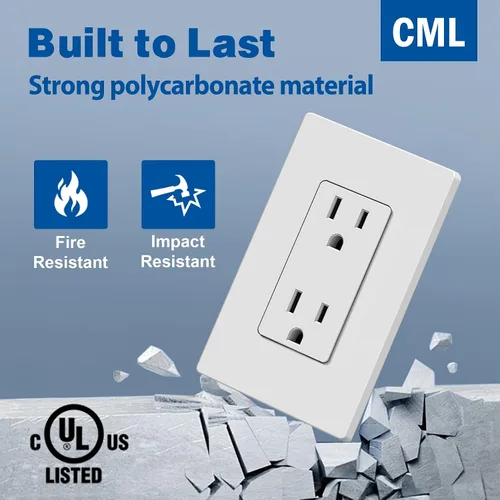 Vista 3 de CML - Toma de corriente decorativa de 15 amperios, paquete de 20 tomas de corriente estándar con placa de pared sin tornillos, resistente a