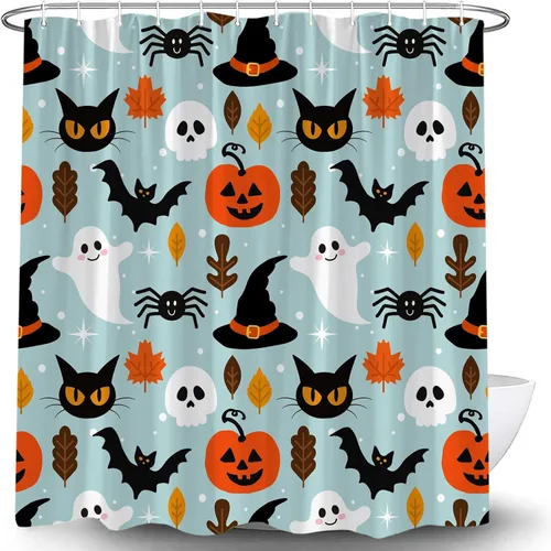 Vista 3 de Cortina de ducha azul de Halloween, linda cortina de baño de fantasma, terror, calabaza, espeluznante, gato negro, calavera aterradora, murciélago